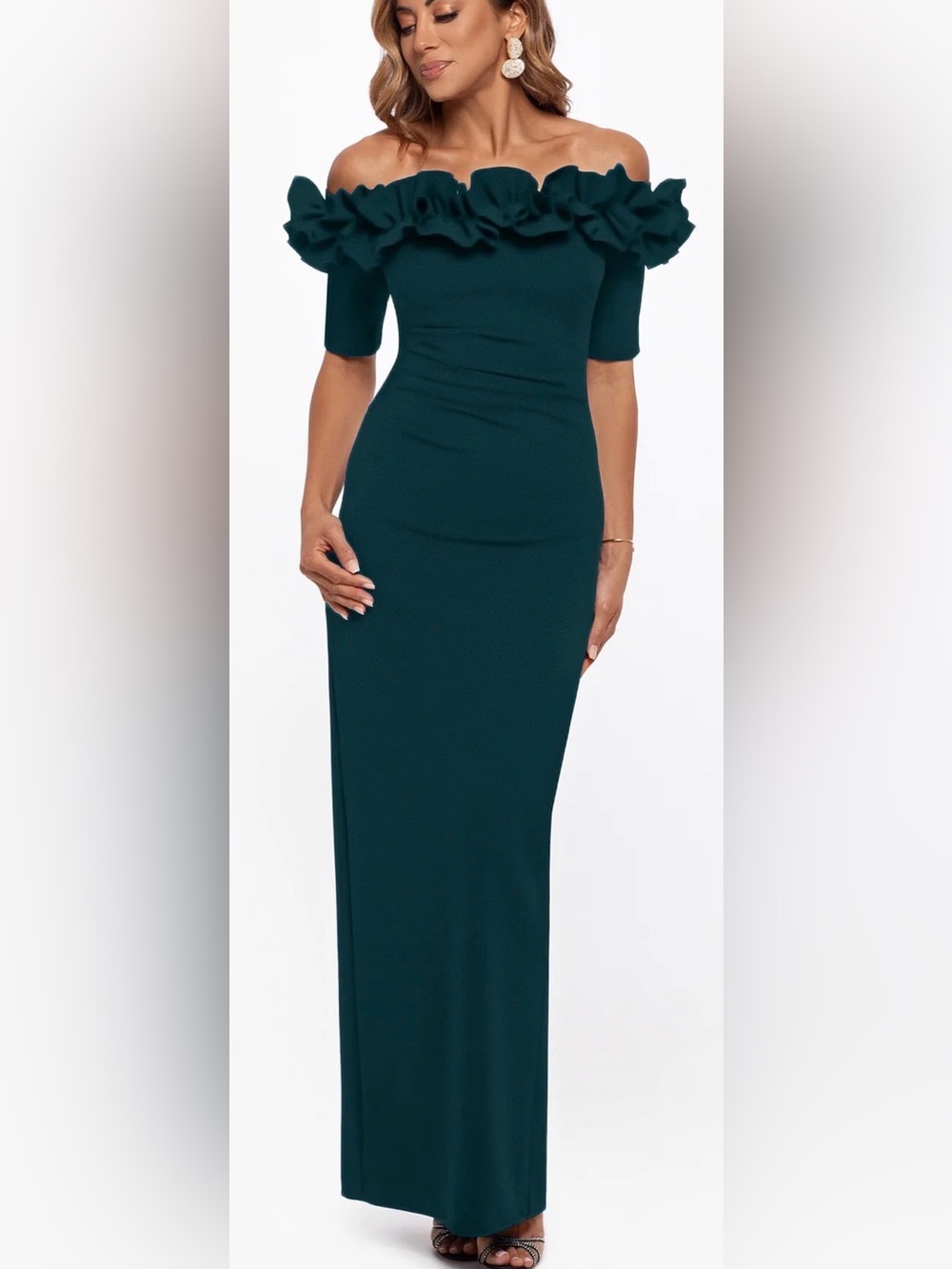Elegant Ruffle-Trim Dark Green Full Length Dress